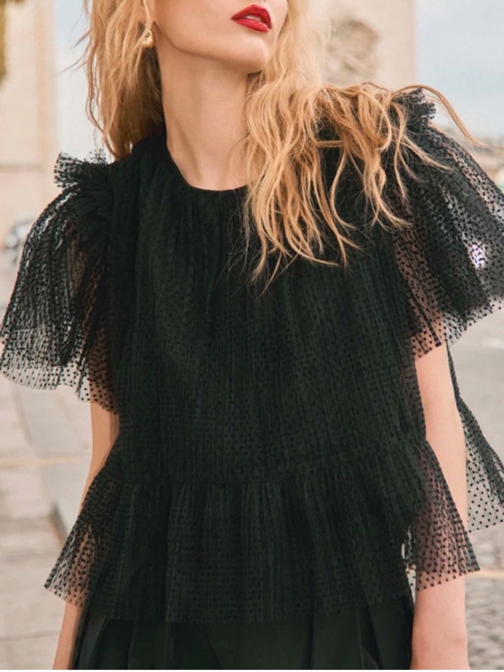 Hunter Bell heather Black Swiss Dot flocked Tulle Ruffle Puff Sleeve Top M